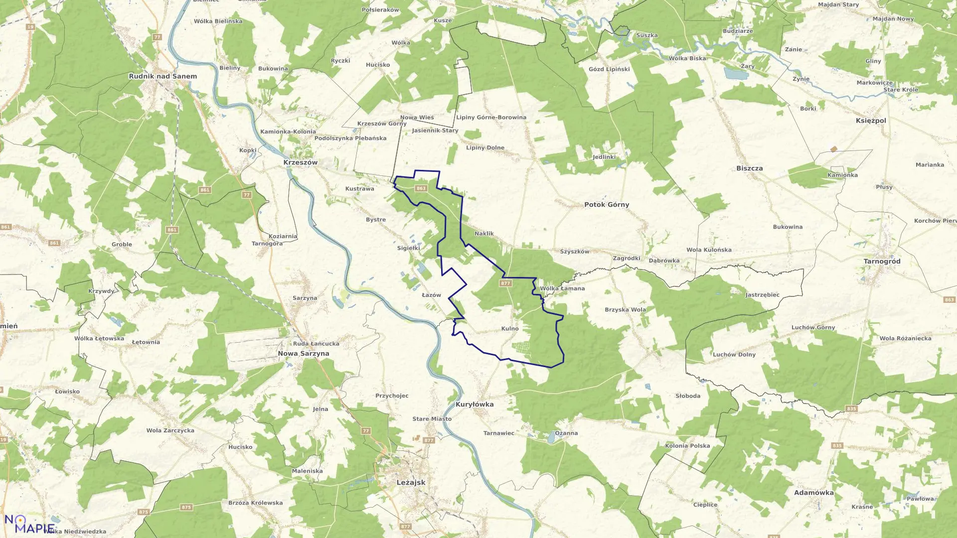 Mapa obrębu Kulno w gminie Kuryłówka
